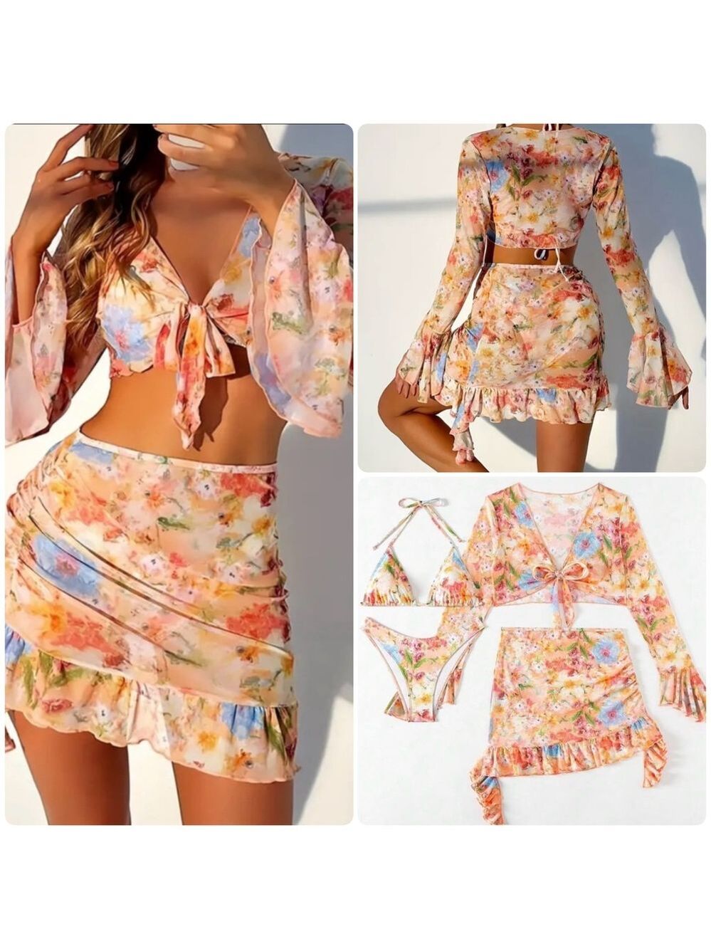 4 Piece Floral Halter Top Bikini Set with Sheer Cover Up & Ruffled Skirt